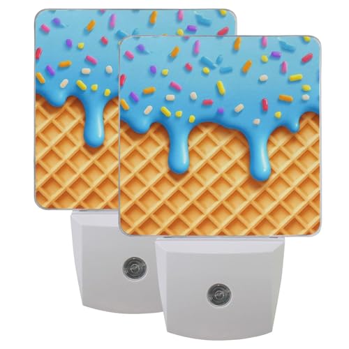 Blue Ice Cream Baseball Drip LED Sensor Night Light Set of 2 Cone Baking Waffle Cake Donut Cookie Table Desk Lamps with Adjustable Brightness Eye-Caring for Home Bedroom Office Parlour