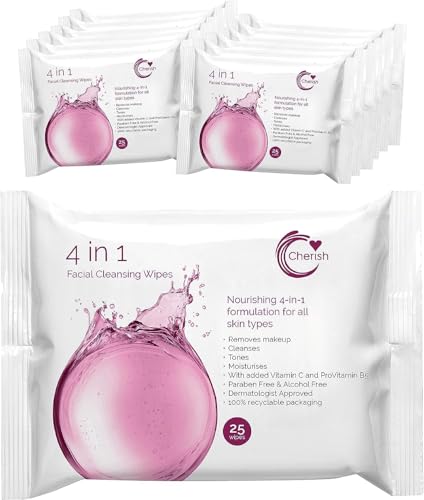 Cherish 4 in 1 Facial Cleansing Wipe, Make Up Removal with Vitamin C for Brighter Skin Recyclable Wipes Dry Sensitive Skin(12 packs pack x 25 wipes totaling count 300 wipes)