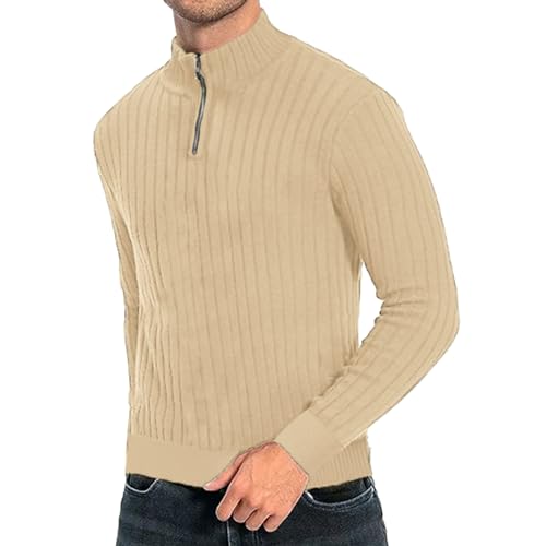 Men's Quarter Zip Pullover Sweater Knitted Long Sleeve Stand Collar Sweater Striped Textured Knitwear