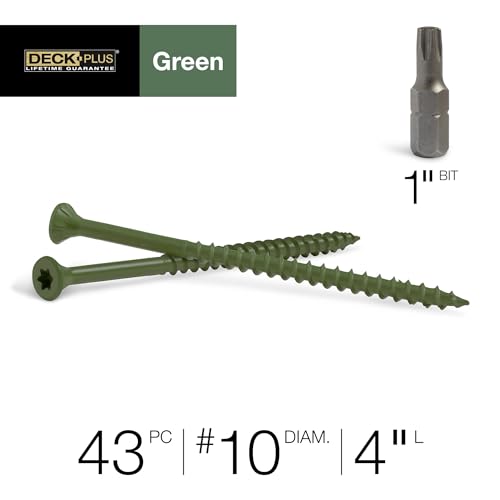 Image of Deck Plus 4 Inch Epoxy Coated Exterior Wood and Fence Screws #10 x 4 Torx /Star Drive Included Coarse Thread, Outdoor Rust Resistant Decking Screw, Green, 1lb Box, 43 Pieces | 48409