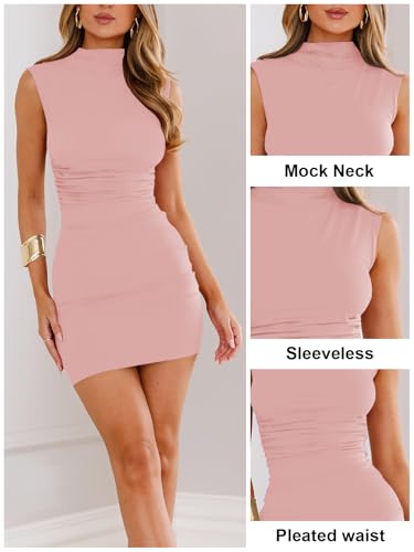 Image of MIYIEONZ Women's Sexy Summer Casual Mock Neck Sleeveless Bodycon Dresses Ruched Turtleneck Cocktail Party Mini Dress