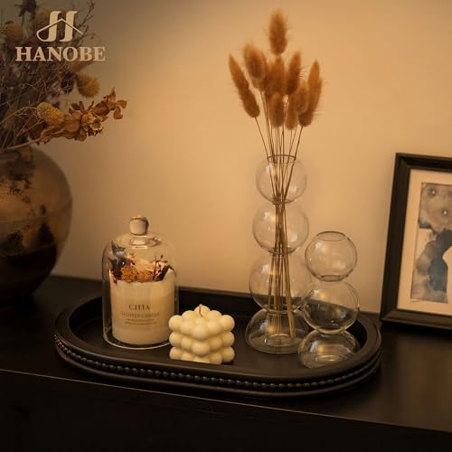Hanobe Serving Wooden Decorative Tray: Black Beaded Oval Coffe Table Tray for Centerpiece Decor - Image 3
