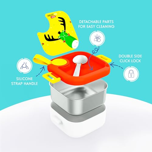 Image of rabitat Playdate Squad Combo Stainless Steel Lunchbox 500 ml and Water Bottle Sipper 350 ml | Gift Box for School Kids | Tiffin Box and Water Bottle for Boys and Girls