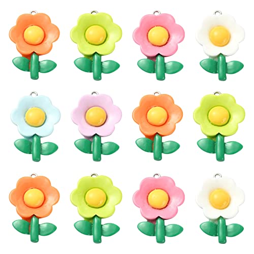 Stiesy 30 Pcs 6 Colors Resin Flower Charms Sunflower Charm Cartoon Floral Dangle Charms for DIY Crafts Bracelet Necklace Jewelry Making