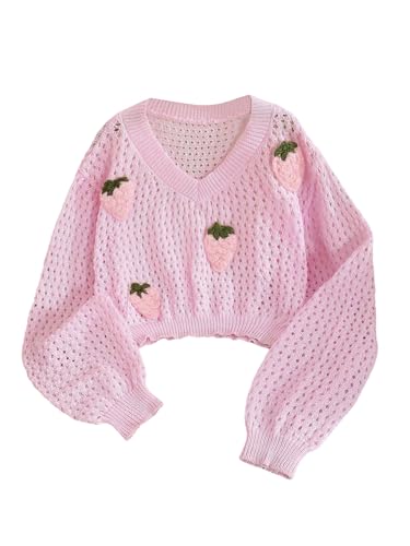 SOLY HUX Girl's Crochet Sweater V Neck Long Sleeve Hollow Out Knit Strawberry Cute Pullover Tops