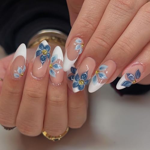 VOTACOS Almond French Tip Press on Nails Medium Blue Nude Acrylic Fake Nails Press Ons with Designs 3D Bead Flower Glue on Nail for Women 24PCS Glossy Floral Reusable Artificial Stick on False Nail — view 6