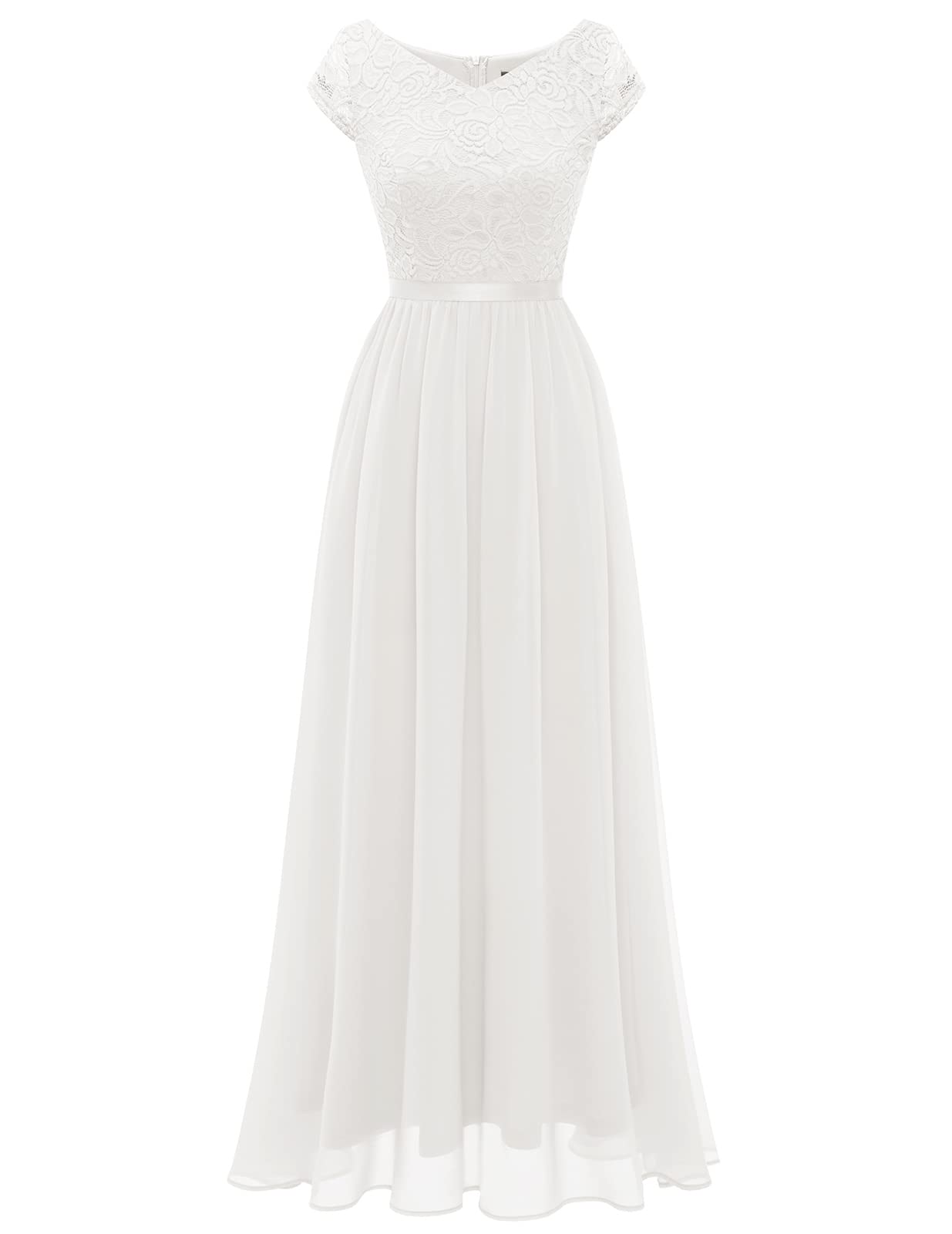 DTESSTELLS Long White Dresses for Women 2023 V-Neck Chiffon Formal Dresses for Women Long Evening Gowns Wedding Guest Dresses with Cap Sleeves White 2XL