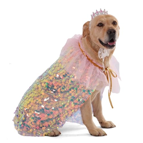 FLAdorepet Dog Princess Dress Costume with Rhinestones Crown,Pet Cat Cape Cloak Birthday Party Wedding Dress Up Outfits,Rainbow Mermaid Halloween Costume Clothes for Small Medium Large Dogs, Large