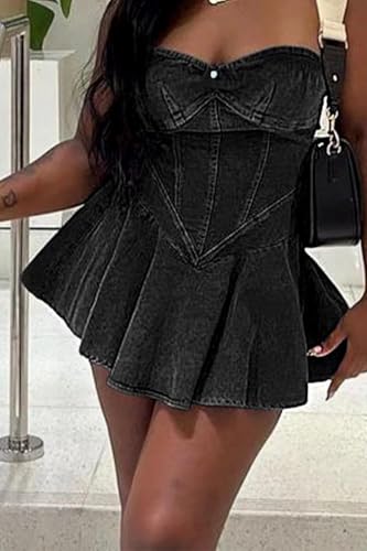 Women's Strapless Denim Dress Sexy Off Shoulder Corset Tube Pleated A Line Summer Mini Jean Dresses Clubwear4