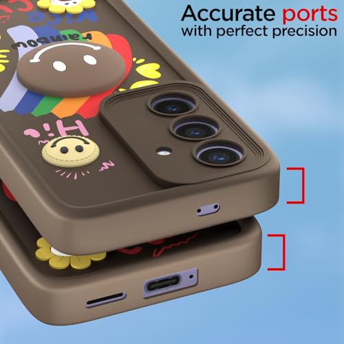 Image of Pikkme Back Cover for Samsung Galaxy S24 5G | Soft Silicone| Cute Rainbow Smile & 3D Cartoon Flower Design | Shockproof Raised Camera Protection Bumper Case (Brown)