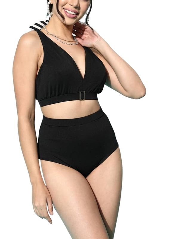erotissch Swim Bikini Set | V-Neck with Buckle Detail | Solid Black Beach Wear for Women| Nylon Fabric (AISW-116D)-picture-36