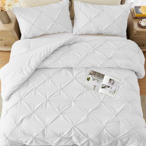 UNIKOME King Size Comforter Set White - Ultra Soft Boho Pintuck Down Alternative Bedding Set for All Seasons, 3 Pieces Lightweight Warm Pinch Pleat Bed Set with Comforter, 2 Pillowcases by UNIKOME - Image 6