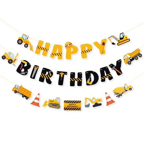 Construction Happy Birthday Banner - Pre-strung Construction Party Supplies Decoration Set for Boys Dump Truck Car Garland Vehicle Engineering Theme Party Favors
