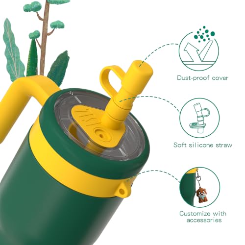 Image of OISIZ 14oz Kids Tumbler with Straw Lid & Handle,Kids Cup with Animal Accessory for School,Kids Water Bottles with Dust-proof Cover,Leakproof Water Bottles,316 Stainless Steel,Keep Cold 24 Hours-green