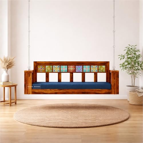 Image of Sheesham Wood Swing for Balcony | House Swings for Living Room | Wooden Patio Jhula for Home Indoor, Garden Outdoor & Balcony | Natural Finish