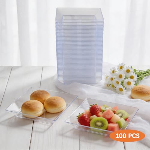100 Pcs Clear Plastic Dessert Plates, 3.6 x 3.6 inches Small Dessert Plates Clear Plastic Square Plates Disposable Cake Plates Appetizer Plates Bulk for Dessert Parties Wedding Reception(Clear) by Orepzinc - Used condition - Image 3