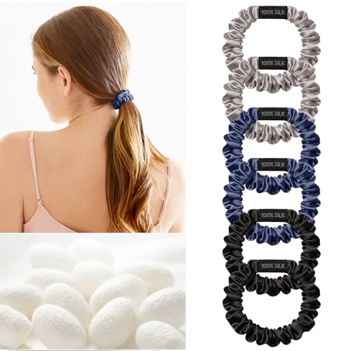 Image of THXSILK 100% Mulberry Silk Small Scrunchies 6-Pack, 25 Momme Low Profile Hair Ties for Fine Hair, Sleek No Damage Ponytail Holders for Everyday Use(Grey, Navy Blue, Black)
