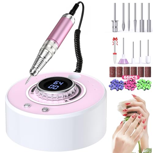 Happnear Electric Nail Drill Kit Professional 40000RPM Rechargeable Cordless Nail Drill with 12 Bits & 66 Sanding Bands for Acrylic/Gel Removal & Faster Shaping Manicure & Pedicure Home/Salon (Pink)