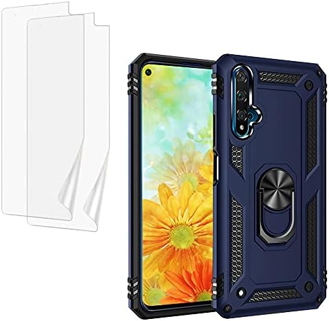 YaHan for Huawei Nova 5T/Honor 20 Case,360 Degree Rotating Ring Kickstand Hybrid Heavy Duty Dual Layer Shockproof Defender Hard Back Case with Screen Film Protector[Not Glass][2 Pack],Blue