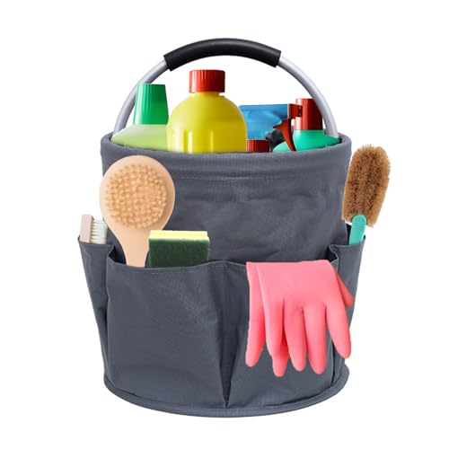 Cesto portaoggetti pieghevole grigio, 17 l, secchio per la pulizia con manico, multi-tasca, grande capacità, borsa per la pulizia per casa e giardino