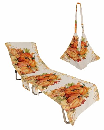 Thanksgiving Pumpkin Beach Chair Towel Covers for Chaise Lounge With Side Pocket, Soft Plush Pool Towels Cover for Patio Sunbathing Outdoor 29''x85'' Watercolor Orange Art
