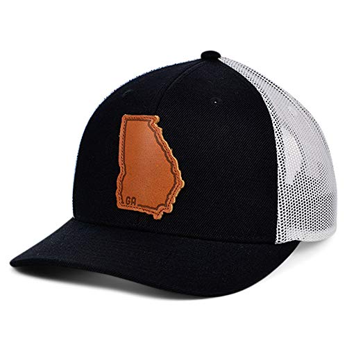 Local Crowns Georgia Leather State Patch Curved Trucker Adjustable Black and White Snapback Cap