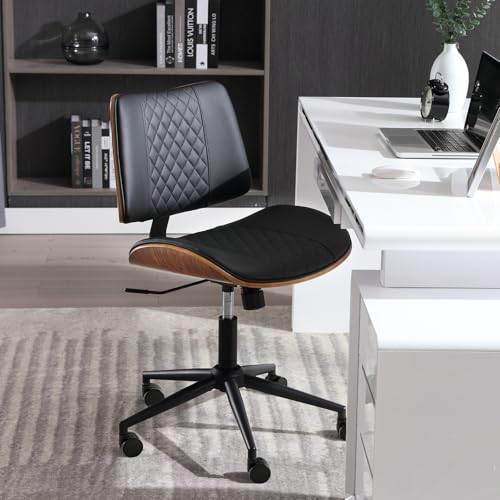 Home Office Chair No Arms with Wheels, Adjustable Height Small Desk Chair, PU Leather Mid Back 360 Swivel Computer Chair, Armless Modern Walnut Chair for Office, Reading Meeting Room(Black)