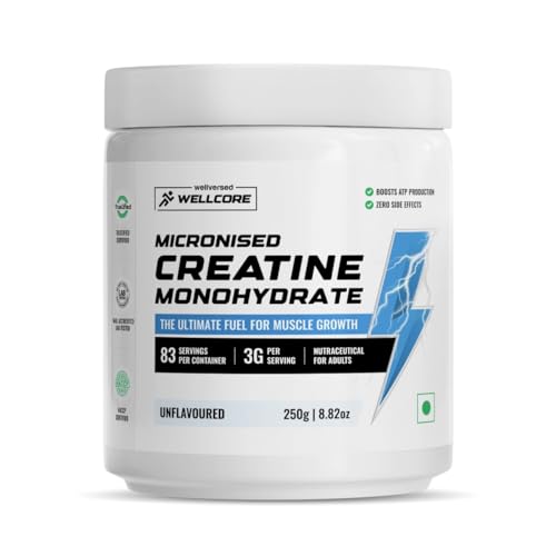 Image of Wellcore - Pure Micronised Creatine Monohydrate Powder | Unflavoured (250G, 83 Servings) | Rapid Absorption | Enhanced Muscle Strength & Power | Fast Recovery | Increased Muscle Mass
