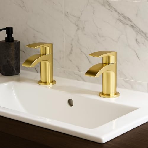 Belantia Brushed Brass Basin Taps | Pair of Taps | Brushed Brass Finish | Hot and Cold | Bathroom Basin | Bathroom Sink | Lever Handle Design |