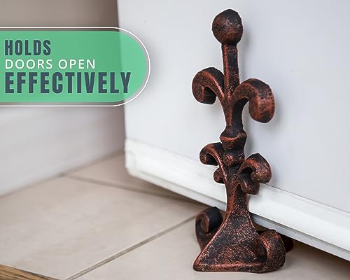 Fleur De Lis Cast Iron Door Stop | Decorative Door Stopper Wedge | With Padded Anti-Scratch Felt Bottom | Antique Vintage Design | Solid And Heavy Duty| 4X3.5X7.75" | Copper With Black By Comfify #TOP3