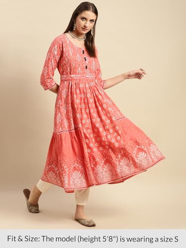 Image of rangita Coral Cotton Calf Length Embroidered Anarkali Kurti for Women | Kurta for Women