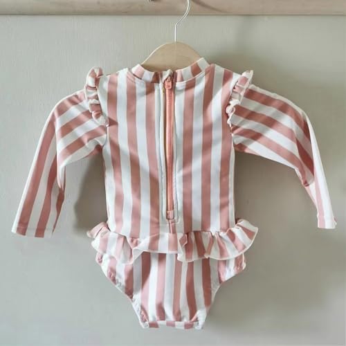 Image of Girls One Piece Swimsuits Zipper Rash Guard Long Sleeve Bathing Suit with Ruffle Hem UPF50+