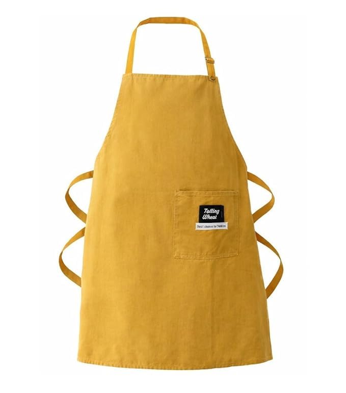 Image of Kitchen Apron, Yellow Cotton Water Resistant with Adjustable Cross Back Straps, Front Pocket, Ergonomic Design