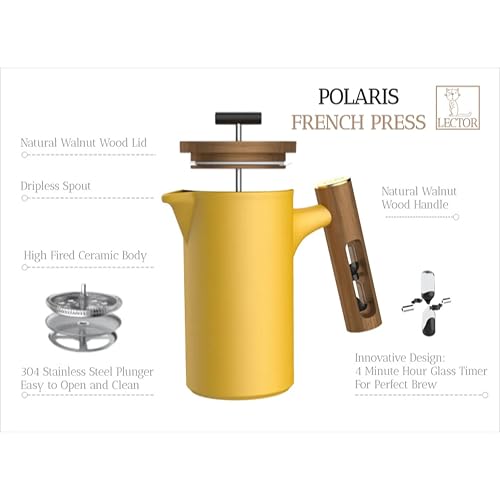 Image of Lector Polaris French Press Coffee Maker, 600ML, Ceramic Manual Coffee & Tea Brewer with Natural Wooden Handle & Lid | Strong Build, Superior Filtration, Innovative 4 Minute Hour Glass Timer (Yellow).
