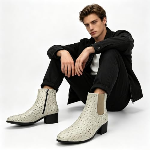 Image of Men'S Classic Leather Chunky Heel Chelsea Boots With Side Zipper Fashion Pointed Toe Elastic Band High Top Block High Heel Formal Chukka Booties For Casual Business Party Wedding