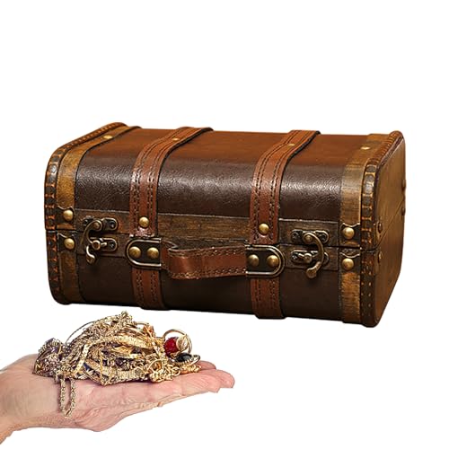 Lambo Baúl de madera con cerradura, pequeño baúl de madera, robusto baúl de madera con asa, cofre del tesoro para joyas, colección de monedas y decoración del hogar