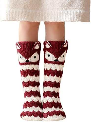 PUTUO Womens Fluffy Slipper Socks Warm Thermal Fleece Lined Indoor Slipper Socks, Cartoon Animals Pattern Bed Socks, Non-Slip