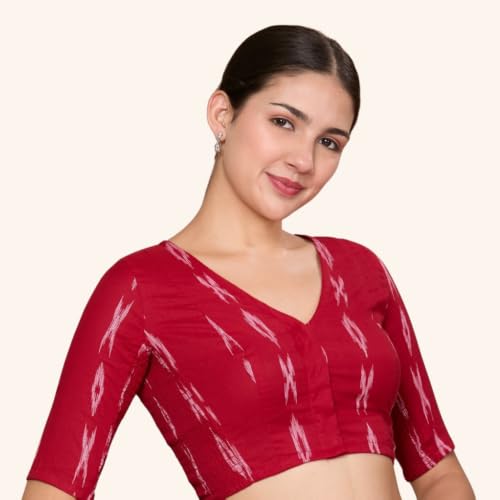 Image of Studio Shringaar Women Cotton Ikat Stretchable (Smocked) Readymade Elbow Length Sleeve Saree Blouse