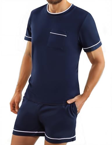Bresdk Pijama Hombre Algodón Pijamas de Verano Hombre Corto Conjunto de Pijama de Camiseta y Pantalones Cortos Suave y Cómodo 2 Piezas
