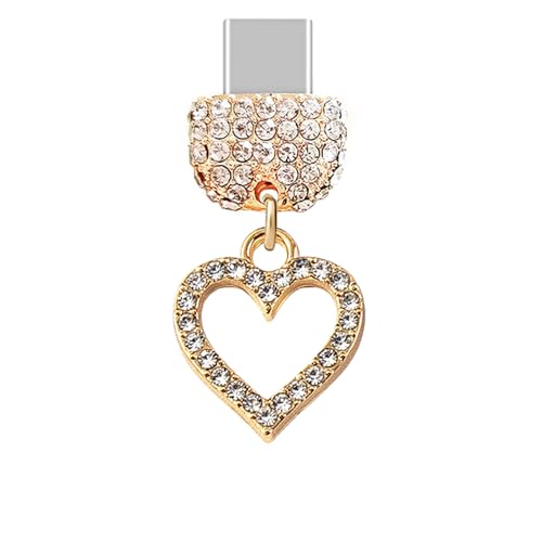 Tapón anti polvo para móvil Tipo-C con colgante de cristal y corazón en acabado dorado premium