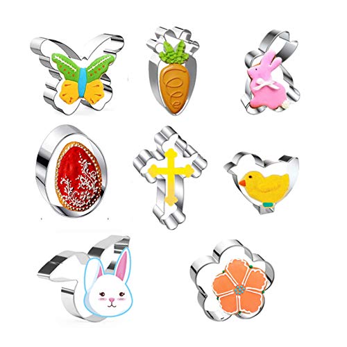 Easter Cookie Cutter 8Pcs Stainless Steel Cookie Cutter Include- Chick Butterfly Egg Cross Flower Bunny Face Carrot Bunny