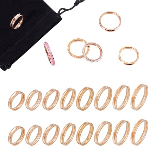 UNICRAFTALE 16Pcs 8 Sizes Titanium Steel Ring Blanks - Rose Gold Grooved Finger Settings Core for Resin Round Empty Inlay Jewelry Making