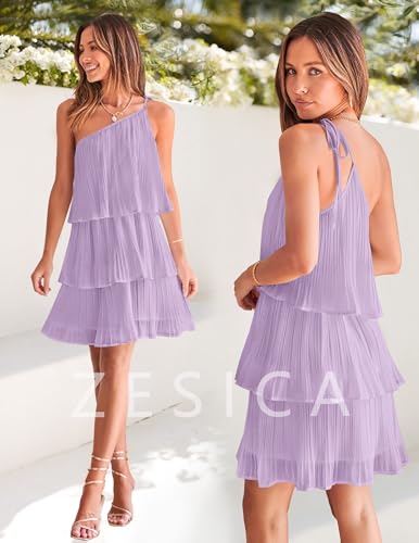 Image of ZESICA Women's Boho Summer One Shoulder Sleeveless Ruffle Tiered Layered Chiffon Pleated A Line Flowy Mini Dress