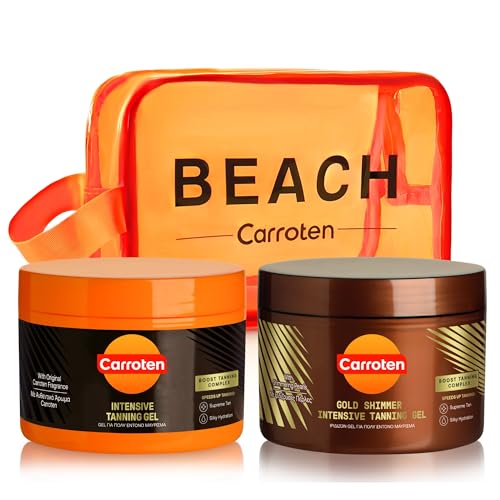 Carroten set di 2 acceleratori d'abbronzatura - Kit d'abbronzatura composto da Gold Tanning Gel 150 ml e Intensive Tanning Gel 150 ml per un'abbronzatura veloce, inclusa borsa cosmetica