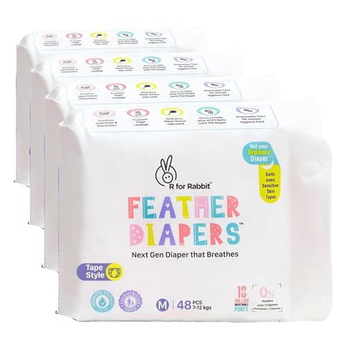 Image of R for Rabbit Medium M Size Premium Feather Diaper Tape Style for Baby 7 to 12 kgs (192 Pack Offer)