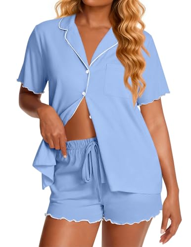 Image of Ekouaer Viscose from Bamboo Women Pajama Sets Button Up Cooling Pjs Short Sleeve Ruffle Sleepwear 2 Piece Lounge Shorts Set