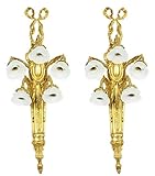 Breite: 35 cm Casa Padrino Barock Wandleuchten Set Gold/Weiß 35 x 25 x H. 95 cm - Prunkvolle vergoldete Bronze Wandlampen mit rosenförmigen Glas Lampenschirmen