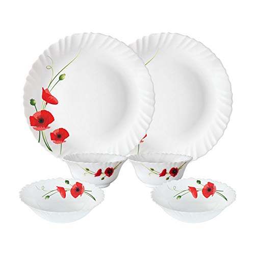 Image of Larah by Borosil Fluted Series Red Carnation Opalware Dinner Set | 6 Piece for Family of 2 | Microwave & Dishwasher Safe | Bone-Ash Free | Crockery Set for Dining & Gifting | Plates & Bowls | White