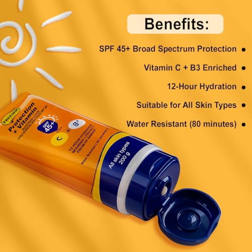 Image of Free Skin Protection + Vitamin Sunscreen Lotion SPF 45+ | Broad Spectrum UVA /UVB | Enriched with Vitamin C & B3 | 12 Hrs Hydration | Nourishes & Protects from UV Damage | All Skin Types | 200g