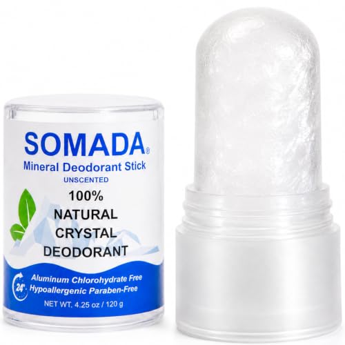 SOMADA Crystal Deodorant Stick for Women and Men, 4.25 oz/120g - 100% Natural Alum Salt Stone Rock - Unscented Mineral Rock